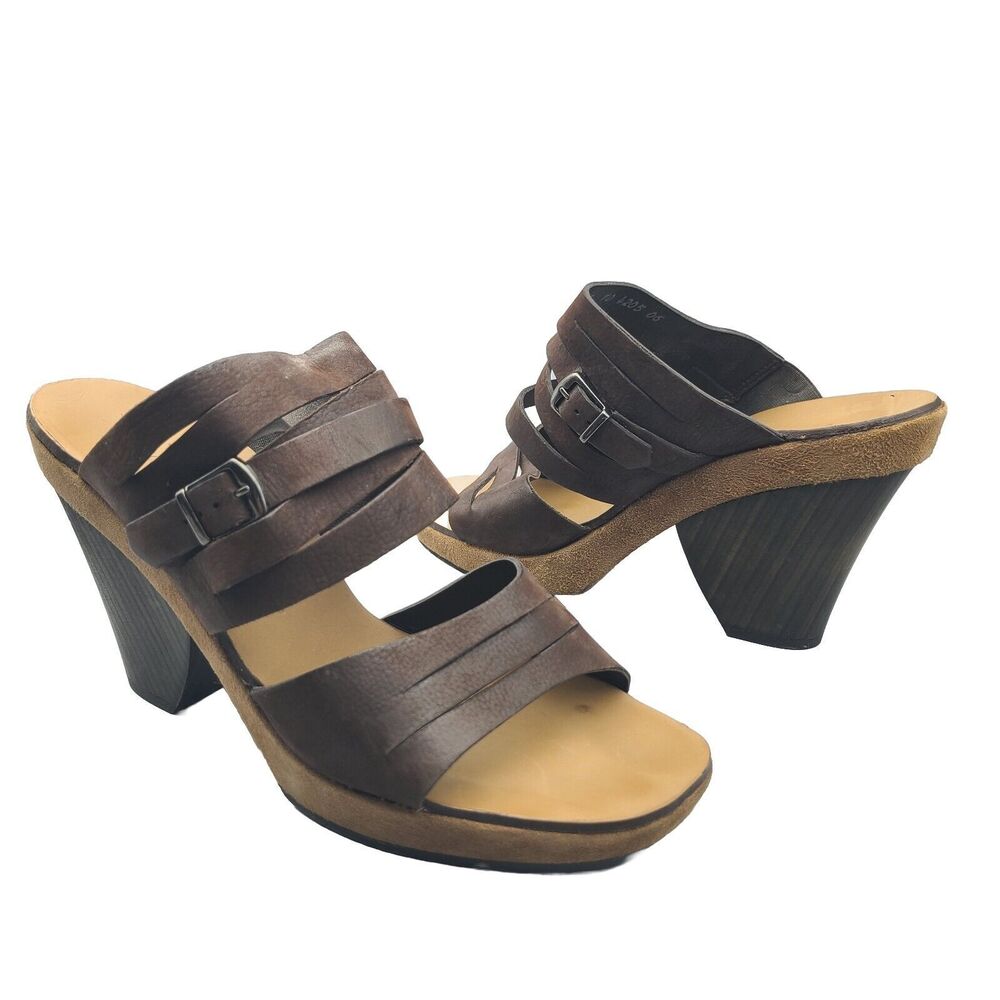 Paul Green women sandals Slide Heels Platform Brown Leather Buckle US 9.5